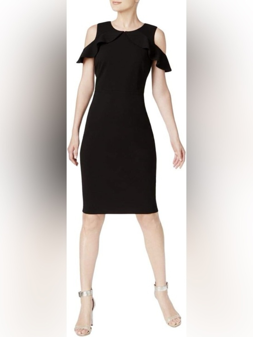 Calvin Klein Black Cold-Shoulder Ruffle Sheath Midi Dress 6